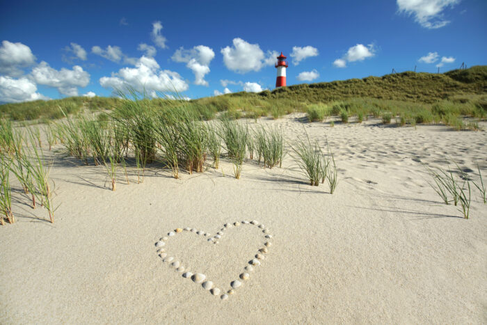 Strand und Dünen mit herzförmig gelegten Muscheln